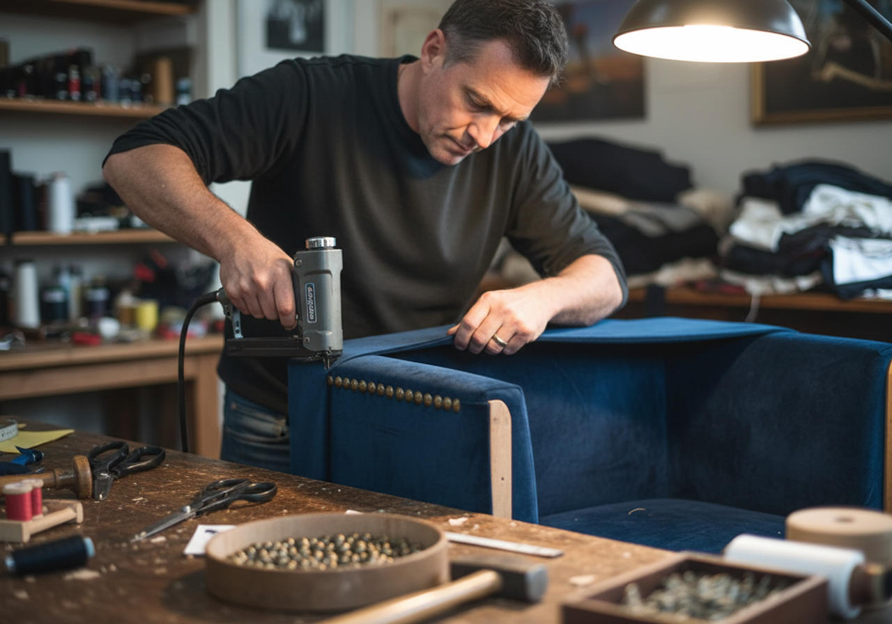 Skilled craftsman doing furniture upholstery